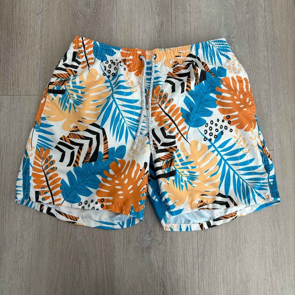 Boys Swim Trunks Shorts Large Blue Orange Cream 
Tropical Print Summer Swim Pool - Picture 3 of 13
